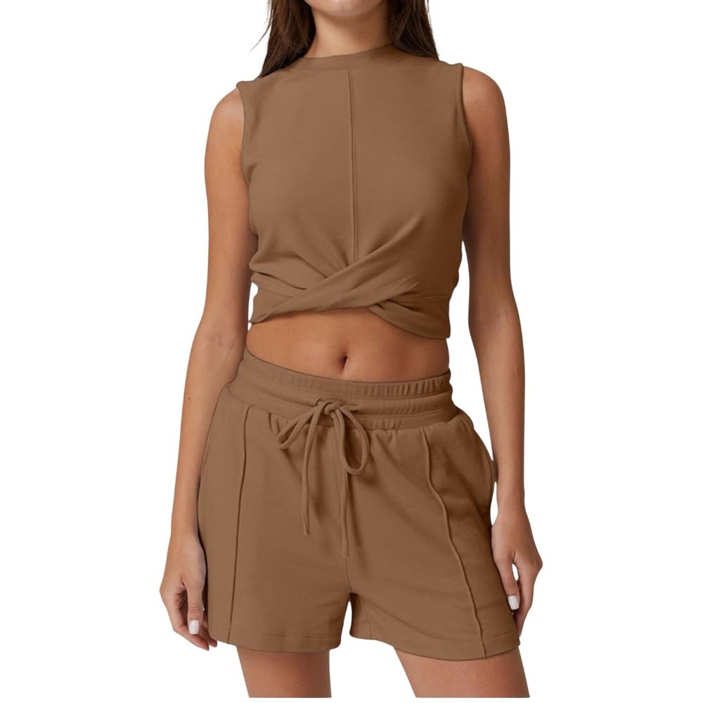 QINSEN Womens 2 Piece Lounge Set Twisted Crop Tank Drawstring Shorts Brown Small